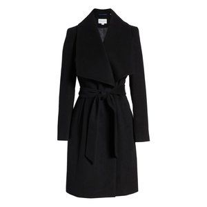 $500 COLE HAAN SIGNATURE Slick Wool Blend Wrap Coat BLACK  12